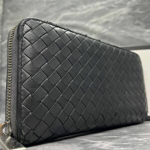 【良品】 BOTTEGAVENETA ボッテガヴェネタ メンズ ビジネス 長財布 ラウンドファスナー イントレインチャート 黒 ブラック レザー 本革