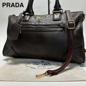 c14【美品】プラダ　PRADA ロゴ金具　レザー　ヴィッテロ　チャーム　ブラウン　2way　ハンドバッグ　ショルダーバッグ　トート　ボストン