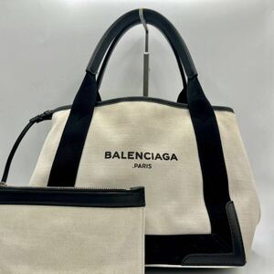 1円◎美品◎BALENCIAGA バレンシアガ ネイビーカバスXS トートバッグ ハンドバッグ ポーチ付き キャンバスレザー ブラック ロゴプリント