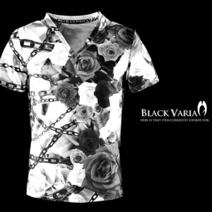 9#bv03-bk BLACK VARIA プレミアム バラ花柄 薔薇 太チェーン Vネック 半袖Tシャツ メンズ(ブラック黒) 3L 日本製 吸水速乾＆2wayストレッ