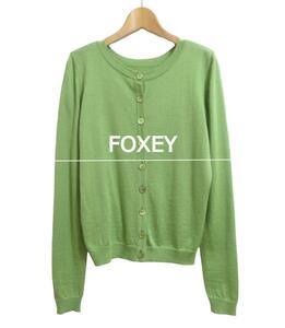 美品 FOXEY BOUTIQUE フォクシーブティック サイズ38 カシミヤ×シルク ミドル丈 クルーネック 長袖 ニット カーディガン 緑 グリーン