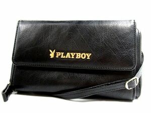 ♪PLAYBOY プレイボーイ 2WAY 長財布 ショルダーバッグ ポシェット 財布ポーチ ブラック 黒 ゴールド金具 中古品♪