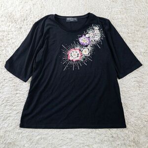 【DOLCE MARA】ドルチェマラ 花柄 刺繍 カットソー 半袖 ストレッチ キラキラ 五分袖 黒 婦人服 衣装 ダンス 舞台 M-L Rstore460914