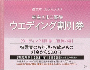 西武ホールディングス 株主優待券 ウエディング割引券 有効期限 2024年11月30日 末広がりの８円 披露宴のお料理・お飲みもの料金から5%OFF