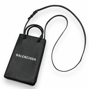 1円～【未使用級】BALENCIAGA バレンシアガ ショッピングフォンホルダー ショルダーバッグ ブラック 黒 スマホポシェット 斜め掛け