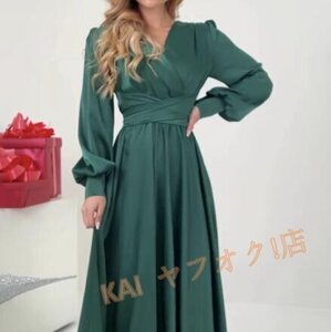 ☆新品エレガント ワンピースレディース　綺麗めシルエット魅惑Style　ファッション dress　披露宴美ライン　長袖　green