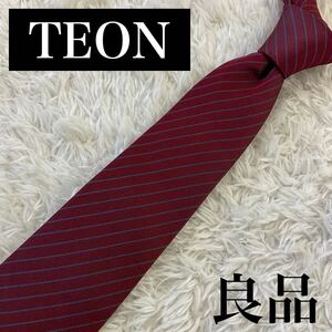 【良品】TEON ネクタイ レッド系 ストライプ柄 シルク100% M-0088