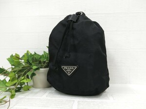 超美品◆PRADA プラダ◆ナイロン カーフ レザー 本革◆巾着 ポーチ◆ブラック SV金具◆三角ロゴプレート◆収納◆小物入れ◆N9408