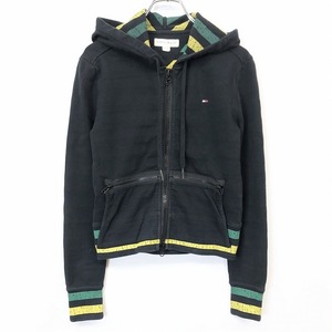 TOMMY GIRL ダブルジップ パーカー 内側全体にボーダープリント(袖裏も) 長袖 綿100% XS ブラック×グリーン×イエロー 黒系 レディース