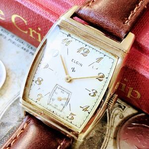 #3392【シックでお洒落】メンズ 腕時計 エルジン 動作品 手巻 ELGIN 金張り アンティーク ヴィンテージ 15石 機械式 スクエアー 1946年