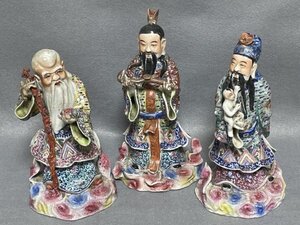 [ 古玩 縁起置物 3体セット ] 寿老人 寿桃 如意 童子 陶器人形 骨董品 中国美術 陶磁器 斗彩 粉彩 ■ 松1412 三