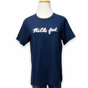 T112★大人カジュアル★MILKFED. ミルクフェド ブランド ロゴプリント 半袖カットソー シンプル Fサイズ ネイビー レディース 万能