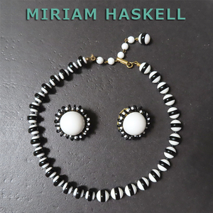 ◆ミリアムハスケル：白黒ビーズアシメトリーネックレス＋イヤリング：ヴィンテージコスチュームジュエリー：Miriam Haskell