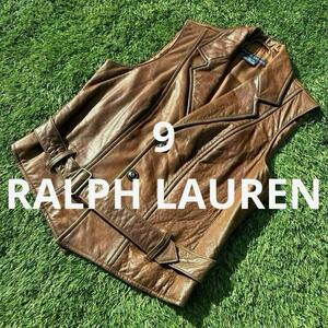 9号 美品 RALPH LAUREN ラルフローレン 羊革 本革 レザー ベスト アメリカ 古着 女子 女性 婦人 レディース ジレ インパクト21 茶 ブラウン