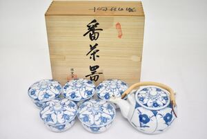 有田焼 胡窯 番茶器 共箱 梅割草花 湯呑 5客 急須 茶器揃 煎茶 茶道具 伝統工芸品 骨董