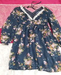 紺ネイビーシフォン長袖花柄ネグリジェチュニックワンピース Navy chiffon long sleeve flower pattern negligee tunic dress