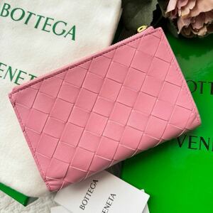 極美品■ボッテガヴェネタ BOTTEGA VENETA ボッテガ 二つ折り財布 小銭入れ マキシイントレチャート レザー ミディアムウォレット ピンク