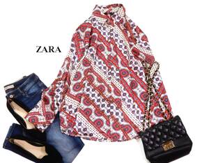 新品同様 ザラ ZARA 大人素敵☆総柄 スカーフ風プリント 微光沢 サテン とろみ シャツ L