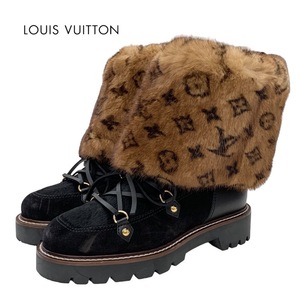 ルイヴィトン LOUIS VUITTON テリトリーライン モノグラム ブーツ ショートブーツ ムートンブーツ レースアップ ファー ブラック ブラウン