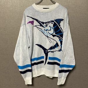 レア 90s USA ビンテージ ヴィンテージ コットン ニット セーター アメリカ 古着 ジャガード 魚 フィッシング アウトドア アニマル 刺繍