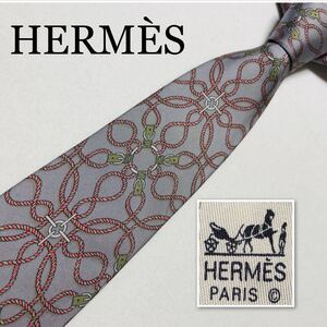 HERMES エルメス　ネクタイ　ベルト　金具　ロープ　総柄　シルク100% フランス製　グレー　ビジネス