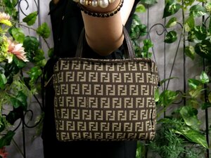 ●超美品●FENDI フェンディ●ズッキーノ●ナイロンキャンバス カーフ レザー 本革●ミニ ハンド バッグ●ブラウン系●腕掛け●Js47498