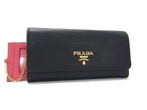 1円 PRADA プラダ サフィアーノレザー カードケース付き 二つ折り 長財布 ウォレット 札入れ 小銭入れ レディース ブラック系 FJ4663