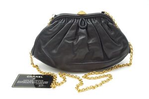 シャネル 2way チェーン ショルダー バッグ クラッチ がま口 ココマーク ラムスキン 黒 ブラック CHANEL 0107h