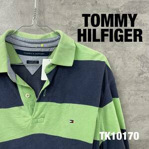 TOMMY HILFIGER トミーヒルフィガー ライトグリーン ネイビー ポロシャツ 半袖 メンズ 夏服 ボーダー 刺繍ロゴ USA 古着 TK10170