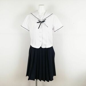 1円 セーラー服 スカート 紐タイ 上下3点セット トンボ 夏物 黒1本線 女子 学生服 中学 高校 白 制服 中古 ランクC NA9162