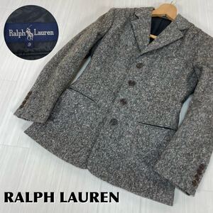 ☆美品☆イングランド製☆RALPH LAUREN シングル ショルダータック 4つボタン ツイード テーラードジャケット サイズ9 マーブルグレー 古着