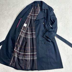 ◆美品/希少サイズL2◆Paul Smith●ポールスミス トレンチコート ビジネスベルト 裏地チェック メンズコート ネイビー アウター 紺 