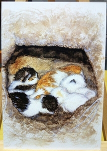 オリジナル　手描き　イラスト　ポストカード　ねこのこども2④　猫　子猫　赤ちゃん猫　きょうだい猫　水彩画　複製 【あおきしずか】