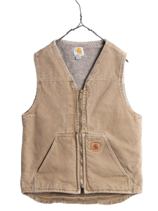 US企画 カーハート 裏 ボア ダック ベスト メンズ S / 古着 CARHARTT パイル フリース 重ね着 前開き フルジップ ワーク ブラウン V26 廃盤