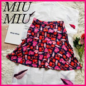 【美品】MIU MIU 総柄スカート ネイビー 電話柄 ピンク 赤 膝丈 S　ミュウミュウ