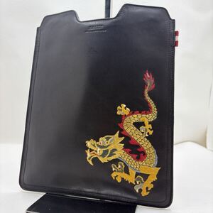 極美品/極希少● BALLY バリー iPadケース タブレット セカンドバッグ メンズ ビジネス 刺繍 龍 本革 レザー