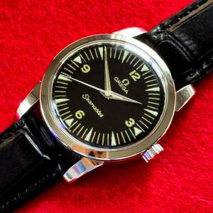 送料無料！ OH済 オメガ シーマスター cal.420 OMEGA SEAMASTER 手巻き 黒文字盤 ミリタリー 1959年 アンティーク メンズ腕時計 昭和レトロ