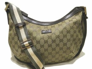 美品 グッチ ショルダーバッグ ☆ 181092 GG コーティングキャンバス カーキ系 ブラウン系 レザー ▼ GUCCI 斜め掛け 5G6DS