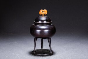 【善古堂】某有名オークション買入 清時代物 中国伝来 紫檀木 三足蓋爐 骨董品 古美術1225-440S4　