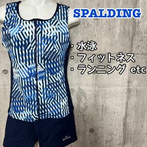 M■【 ホームクリーニング済み 】 SPALDING スポルディング レディース セパレート水着 ブルー 紺色 総柄 13Lサイズ フロントファスナー