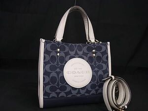 1円 ■美品■ COACH コーチ C5638 シグネチャー デンプシー トート 22 キャンバス 2WAY ハンドバッグ ショルダー ネイビー系 FD0484