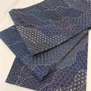 着物月花　刺し子刺繍　七宝　青海波　亀甲　紬袋帯　六通柄　正絹　ob3991