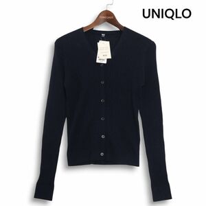 新品 未使用 UNIQLO ユニクロ エクストラファインメリノ ウール100% リブ ショート ニット カーディガン Sz.M レディース 紺　K4T01565_A#K