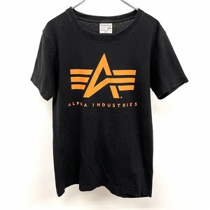 アルファインダストリーズ ALPHA INDUSTRIES Tシャツ ロゴプリント 丸首 半袖 綿100% S ブラック×オレンジ 黒 メンズ(レディース？)