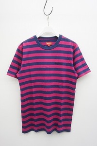 美品 17SS Supreme シュプリーム bar stripe tee クラシックロゴ 刺繍 ボーダー 半袖 Tシャツ カットソー ピンクネイビー S 525O▲