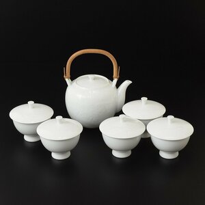 ◎490030 良品 有田焼 奥川忠右衛門 作 白磁牡丹彫文 番茶揃 茶器揃 急須×1 蓋付茶碗×5