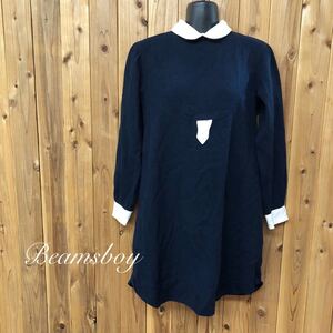 Beamsboy＊QUALITY CLOTHES＊日本製 長袖ワンピース チュニック ネイビー ウール混 背面ボタン レディース 古着