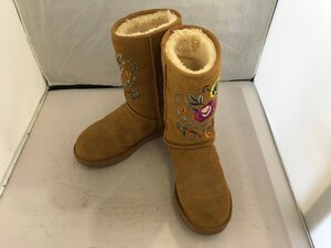 【UGG】アグオーストラリア　レディスムートンロングブーツ　ブラウン花柄刺繍　スウェード×ボア　6（23cm）　SY02-GIT