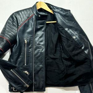 美品 DIESEL BLACK GOLD ディーゼル 肉厚 カウレザージャケット ライダース キルティング パイピング ジップ ロゴ バイカー カーフ 牛革 46