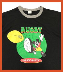 2102●Disney ディズニー●ミッキーマウス MICKEY RUGBY プリント 半袖 リンガー Tシャツ ブラック×グレー L